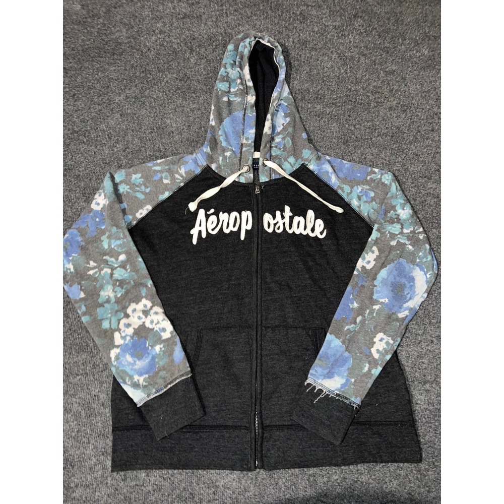 Aeropostale Womens XL Gray Blue Floral Raglan Full Zip Hoodie Sweatshirt